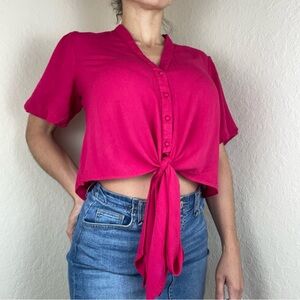 Portofino Hot Pink Cropped Tie Front Top Size M V-Neck Pleated
